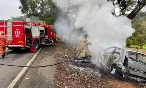 Carro pega fogo após colidir contra árvore na RJ-220 e condutor é salvo por testemunhas